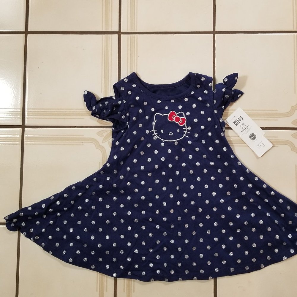 Hello Kitty Polka embroidery face, dot bow sleeve dress new